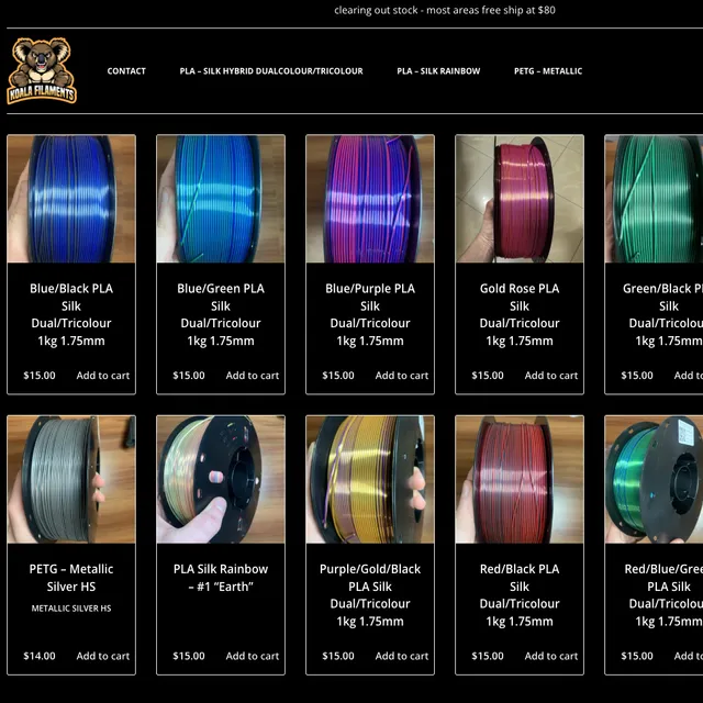 $15 Dual Silk PLA + Shipping @ Koala Filaments Clearance