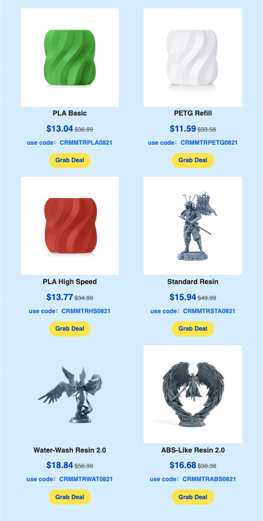 Anycubic AU selected-materials prices and checkout codes